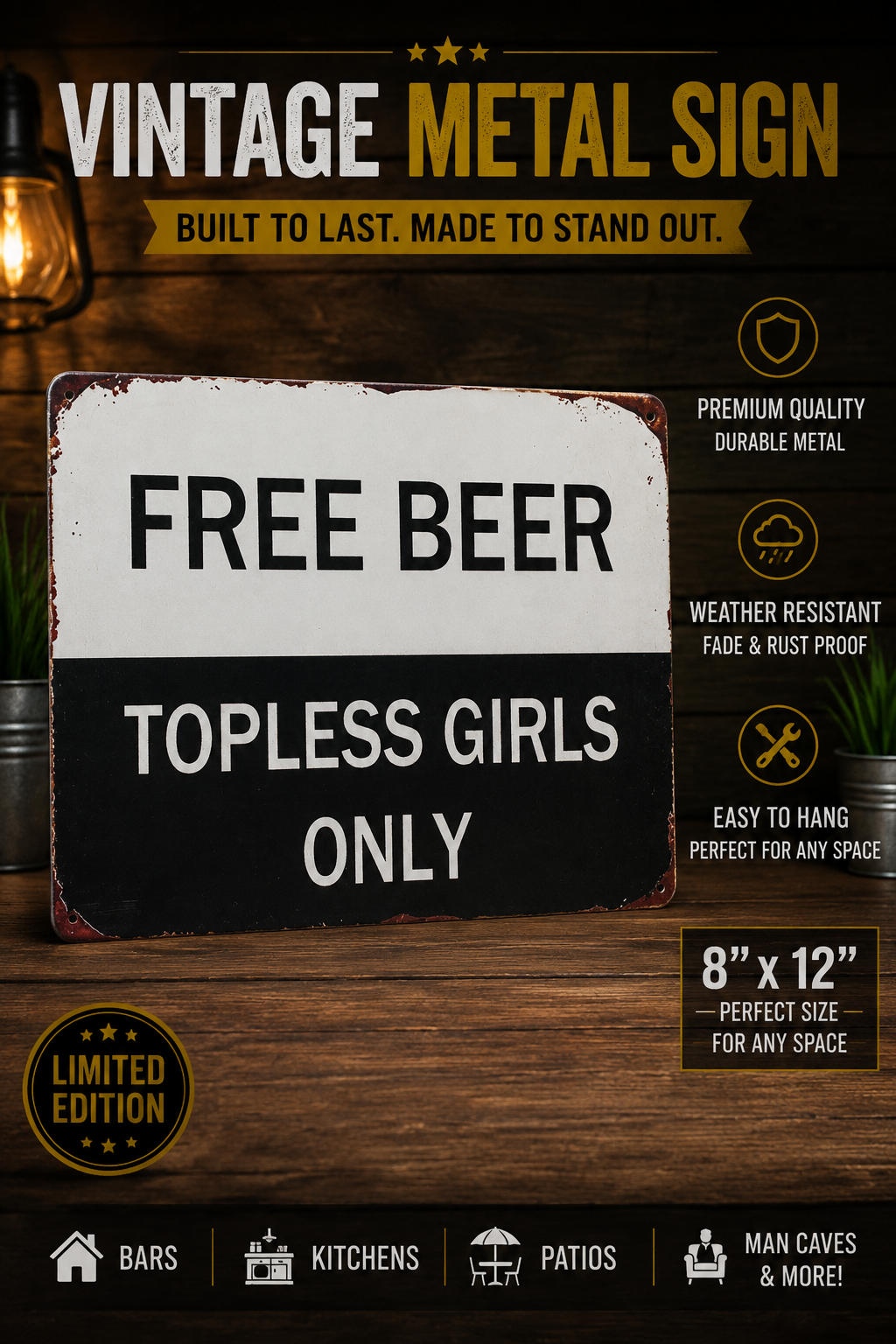 Funny Free Beer Topless Girls Only Metal Sign - 8x12 Wall Decor