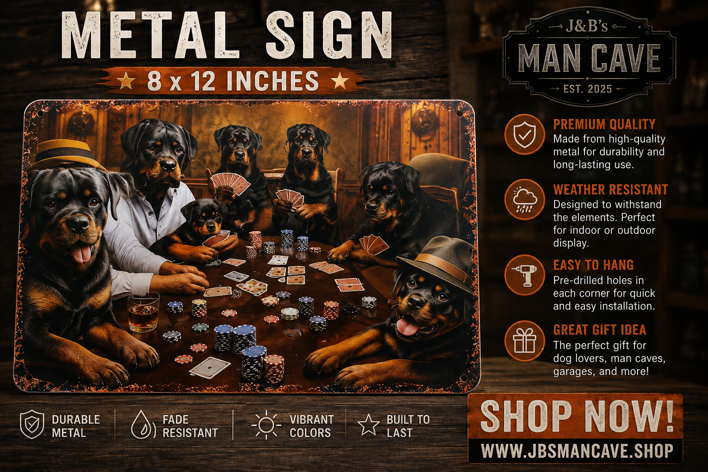 Poker Night Rottweiler Metal Sign | 8x12 Funny Dog Man Cave Wall Decor
