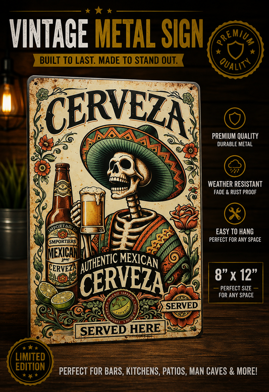 Vintage Chicano Art Cerveza Metal Sign - 8x12 Wall Decor