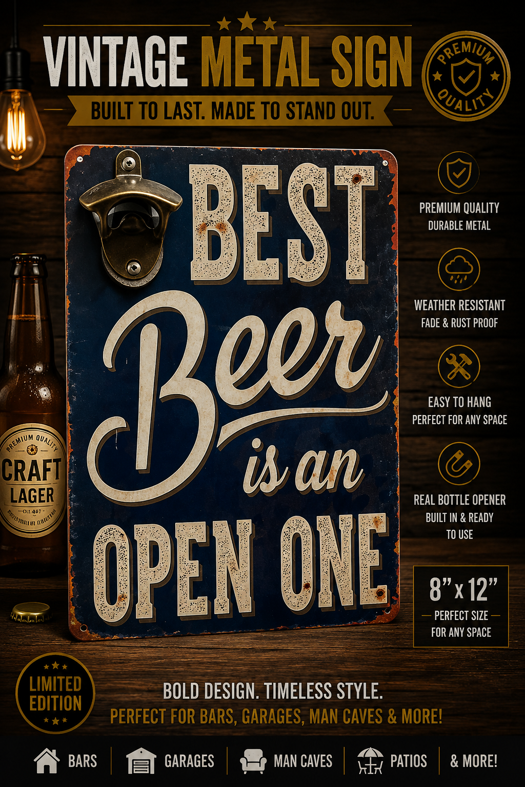 Man Cave Beer Bottle Opener, Funny Best Beer is an Open One Wall Decor
